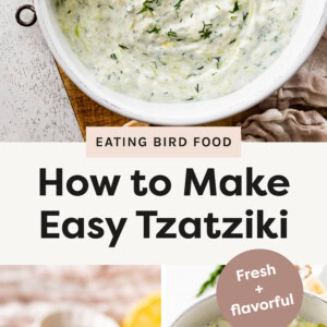 Three photos total. A photo of the Tzatziki in a bowl with a wooden spoon. A photo of a pita chip being dipped into the Tzatziki and a photo of the Tzatziki with a drizzle of oil.
