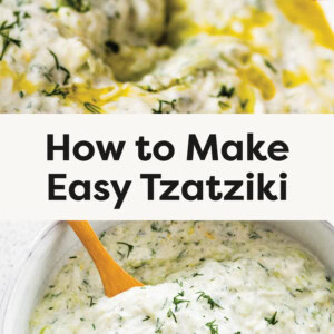 A photo of the Tzatziki in a bowl with a wooden spoon. A photo of a pita chip being dipped into the Tzatziki.
