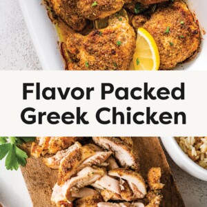 Greek Chicken in a casserole dish with lemons on top. Greek Chicken shredded on a cutting board as the bottom photo.