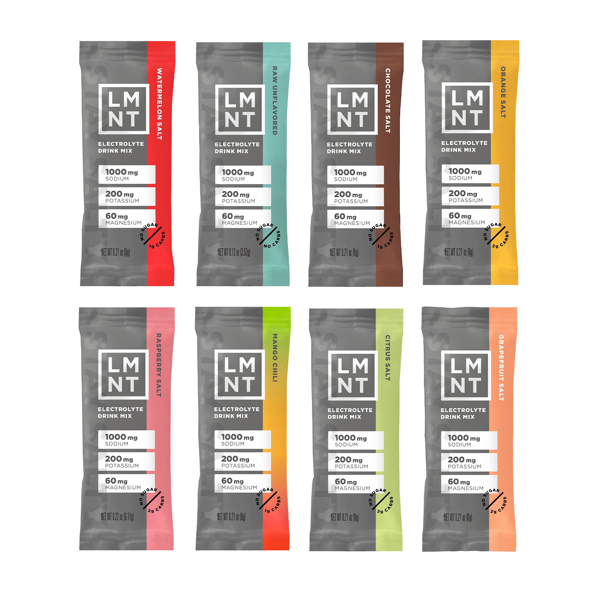 Multiple different flavors of LMNT electrolyte drink mix.