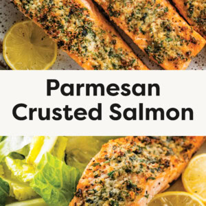 2 photos of Parmesan Crusted Salmon. One photo of it plated with lemons and one photo of it getting cut into with a fork.