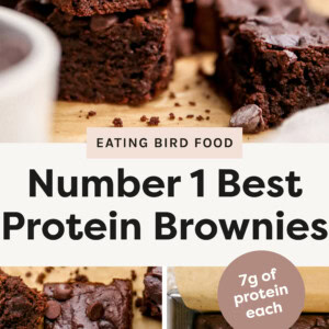 3 photos total. A photo of the protein brownies stacked on top of one another. A photo on the bottom of them laid out on a pan cut up with chocolate chips on top. Another photo of them laid on the pan but not cut up.