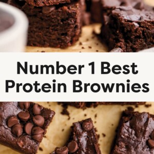 2 photos total. A photo of the protein brownies stacked on top of one another. A photo on the bottom of them laid out on a pan cut up with chocolate chips on top and a bite taken out of them.