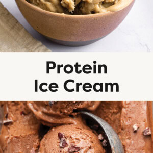 Protein Ice Cream in a bowl with a spoon on top and the bottom photo is an ice cream scooper scooping chocolate ice cream.