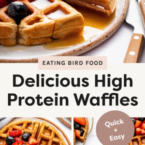 Photo of the Protein Waffles getting syrup poured on them with fruit on top. Bottom photo is a fork going into the waffles. The other bottom photo is syrup getting poured on the waffles with an overhead shot.