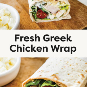Top photo is a photo of a Greek chicken wrap cut in half! It is fresh and full of vibrant ingredients like grilled chicken, lettuce, cherry tomatoes, feta cheese, and a creamy tzatziki sauce + more all wrapped in flatbread. Bottom photo is an image showcasing a beautifully prepared Greek wrap, filled with seasoned grilled chicken, fresh cucumbers, cherry tomatoes, feta cheese, red onions, lettuce, and a creamy spread + more all wrapped in soft flatbread.