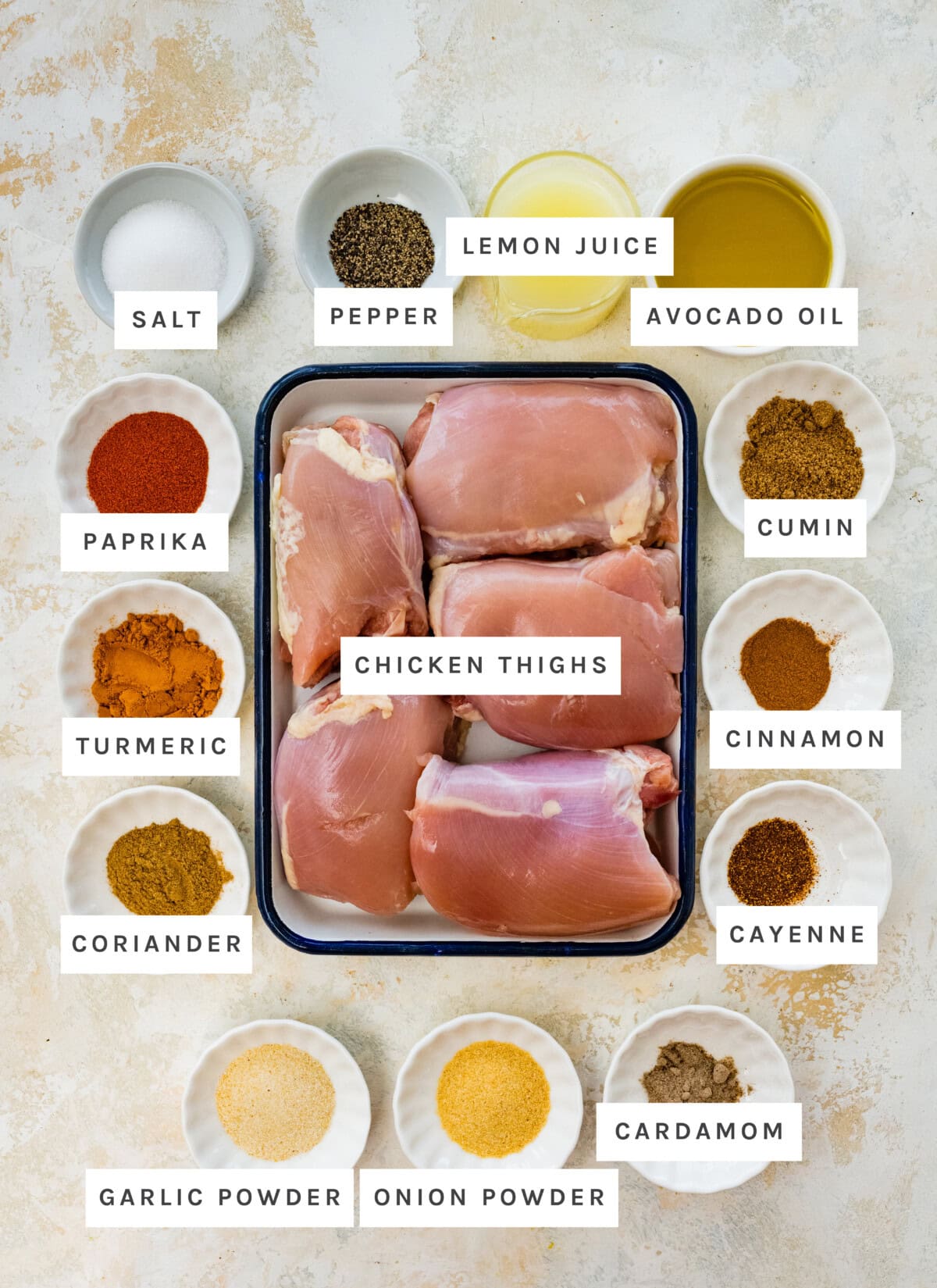 Ingredients measured out to make Chicken Shawarma: chicken thighs, Fresh lemon juice, Avocado or olive oil, Sea salt, Cumin, Coriander, Garlic powder, Onion powder, Turmeric, Paprika Cardamom, Ground pepper, Cinnamon, Cayenne pepper