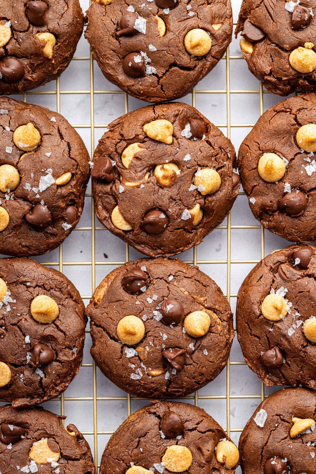 12 chocolate peanut butter cookies on a gold wire cooling rack. All of the cookies are topped with flaky sea salt.