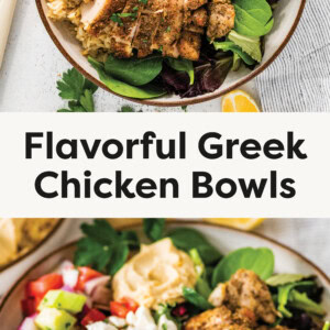 Top photo is an overhead Greek Chicken Bowls with a fork and knife beside the bowl. The bottom photo is of the Greek Chicken Bowls up close