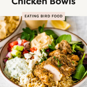 A photo of the Greek Chicken Bowls up close with a fork beside it