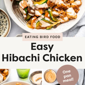 Top photo is an image featuring a hibachi-style chicken dish served in a bowl with fluffy rice, sautéed vegetables, and a drizzle of sauce. The chicken is cut into bite-sized pieces, seared to a golden brown, and coated in a flavorful sauce. The vegetables, including zucchini, carrots, mushrooms, and onions, are stir-fried to a tender-crisp texture. The rice is neatly molded into a dome shape, creating a balanced and visually appealing presentation. Surrounding elements include a glass of a bubbly beverage, a side dish with more vegetables, and small bowls of seasoning, enhancing the meal’s aesthetic and inviting appeal. Bottom left photo is an image showcasing a hibachi-style meal featuring grilled chicken, sautéed vegetables, and rice. The chicken is golden brown, cut into bite-sized pieces, and coated in a flavorful sauce. A fork holds a piece of chicken dipped in a creamy, orange-colored sauce. The vegetables, including zucchini, carrots, mushrooms, and onions, are sautéed to a tender-crisp texture. The rice is neatly shaped, complementing the dish. A green glass of a bubbly beverage and a small bowl of sauce are placed in the background, enhancing the inviting presentation. The setting has a clean, cozy feel with a soft gray cloth napkin on the side. Bottom right photo features a cast-iron skillet filled with golden-brown, bite-sized pieces of hibachi-style chicken coated in a rich, glossy sauce. A wooden spoon is partially submerged in the pan, stirring the chicken. To the side, a small bowl of creamy, orange-colored sauce is present, likely a dipping sauce for the dish. The skillet sits on a clean, white marble surface, with a soft gray kitchen towel draped nearby, adding a cozy and inviting touch to the presentation.
