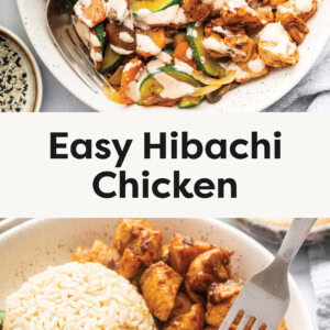 Top photo is an image featuring a hibachi-style chicken dish served in a bowl with fluffy rice, sautéed vegetables, and a drizzle of sauce. The chicken is cut into bite-sized pieces, seared to a golden brown, and coated in a flavorful sauce. The vegetables, including zucchini, carrots, mushrooms, and onions, are stir-fried to a tender-crisp texture. The rice is neatly molded into a dome shape, creating a balanced and visually appealing presentation. Surrounding elements include a glass of a bubbly beverage, a side dish with more vegetables, and small bowls of seasoning, enhancing the meal’s aesthetic and inviting appeal. Bottom image is an image showcasing a hibachi-style meal featuring grilled chicken, sautéed vegetables, and rice. The chicken is golden brown, cut into bite-sized pieces, and coated in a flavorful sauce. A fork holds a piece of chicken dipped in a creamy, orange-colored sauce. The vegetables, including zucchini, carrots, mushrooms, and onions, are sautéed to a tender-crisp texture. The rice is neatly shaped, complementing the dish. A green glass of a bubbly beverage and a small bowl of sauce are placed in the background, enhancing the inviting presentation. The setting has a clean, cozy feel with a soft gray cloth napkin on the side.