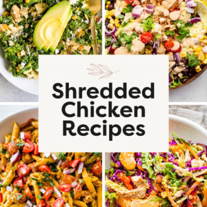 A collage of four images with recipes that correlate to the title of shredded chicken recipes.