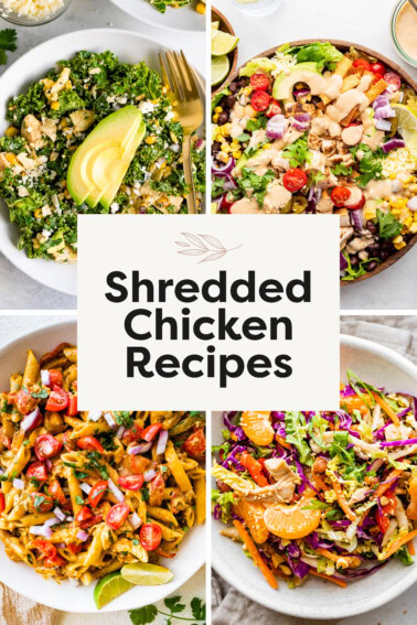 A collage of four images with recipes that correlate to the title of shredded chicken recipes.
