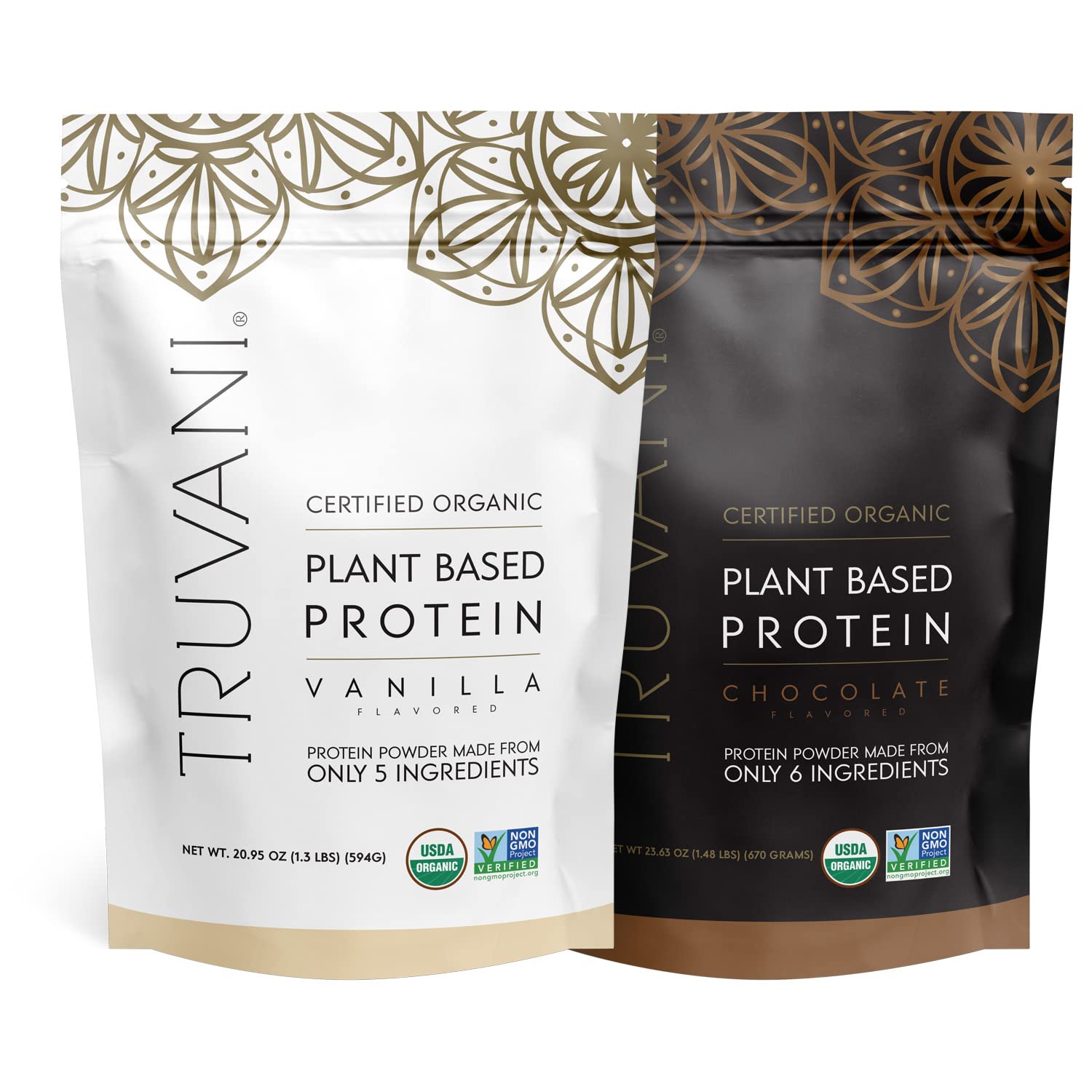 Two Truvani plant based protein packets. One is vanilla based while the other is chocolate based.