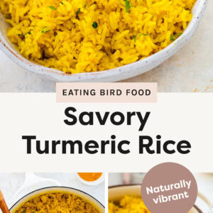 Top photo is an overhead shot Turmeric Rice with a spoon in it. Bottom left photo in an overhead shot of Turmeric Rice with a wooden spoon in the bowl. Right photo in the rice in a casserole dish.