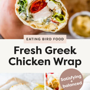 Top photo is a delicious-looking Greek chicken wrap! It has grilled chicken, lettuce, cherry tomatoes, cucumber, feta cheese, and a creamy tzatziki sauce + more all wrapped in a flatbread. Bottom photo is a photo of a Greek chicken wrap cut in half! It is fresh and full of vibrant ingredients like grilled chicken, lettuce, cherry tomatoes, feta cheese, and a creamy tzatziki sauce + more all wrapped in flatbread. Bottom photo is an image showcasing a beautifully prepared Greek wrap, filled with seasoned grilled chicken, fresh cucumbers, cherry tomatoes, feta cheese, red onions, lettuce, and a creamy spread + more all wrapped in soft flatbread.