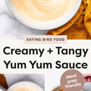 Top photos is the Yum Yum Sauce in a bowl with a spoon scooping some of it up. Bottom photo is the sauce getting mixed together with a whisk. Bottom photo beside that is the ingredients getting mixed together with a whisk.