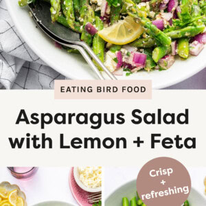 Top photo: This image showcases a fresh asparagus salad with lemon and feta cheese. The dish includes vibrant green asparagus, crumbled feta cheese, red onions, and fresh parsley, garnished with lemon slices. A small bowl of dressing is placed nearby, indicating it is likely drizzled over the salad for added flavor. The scene is complemented by a pink glass of water, a small dish of extra feta, and a plate of lemon slices, all presented on a light, bright background with a soft, airy aesthetic. Bottom left photo: This image showcases a fresh asparagus salad with lemon and feta cheese. The dish includes vibrant green asparagus, crumbled feta cheese, red onions, and fresh parsley, garnished with lemon slices. A small bowl of dressing is placed nearby, indicating it is likely drizzled over the salad for added flavor. The scene is complemented by a pink glass of water, a small dish of extra feta, and a plate of lemon slices, all presented on a light, bright background with a soft, airy aesthetic. Bottom right photo: This image captures the preparation process of an asparagus salad with lemon and feta. A hand is seen pouring a golden vinaigrette dressing over a bowl containing freshly chopped asparagus, diced red onions, and finely chopped parsley. Surrounding the bowl are additional ingredients, including a dish of crumbled feta cheese and a plate of sliced lemons. The setting is bright and fresh, emphasizing the vibrant colors and textures of the ingredients.