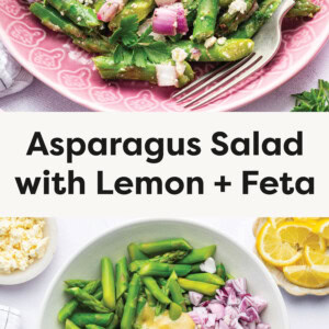 Top photo: This image features a plated serving of asparagus salad with lemon and feta cheese. The dish consists of vibrant green asparagus spears, diced red onions, crumbled feta cheese, and fresh parsley, all garnished with lemon slices. A fork rests on the pink decorative plate, ready for eating. Surrounding elements include a bowl of extra feta cheese, a small dish of dressing, and a glass of pink-tinted water, adding to the fresh and inviting presentation. Bottom photo: This image captures the preparation process of an asparagus salad with lemon and feta. A hand is seen pouring a golden vinaigrette dressing over a bowl containing freshly chopped asparagus, diced red onions, and finely chopped parsley. Surrounding the bowl are additional ingredients, including a dish of crumbled feta cheese and a plate of sliced lemons. The setting is bright and fresh, emphasizing the vibrant colors and textures of the ingredients.