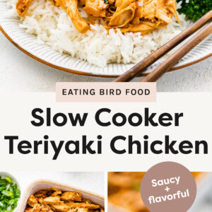 Top photo: A plate of shredded teriyaki chicken served over white rice, garnished with sesame seeds and thinly sliced green onions, accompanied by steamed broccoli. The dish is presented on a white plate with a subtle textured rim, with a pair of wooden chopsticks resting on the side. A baking dish filled with more teriyaki chicken is visible in the background, along with a small bowl of sesame seeds. Bottom left photo: Overhead shot of slow cooker teriyaki chicken, shredded and coated in a glossy, savory-sweet sauce. The dish is garnished with sesame seeds and sliced green onions, served in a square ceramic dish with a wooden spoon. A small bowl of extra green onions is placed beside it. Bottom right photo: Close-up shot of a piece of slow cooker teriyaki chicken held by chopsticks. The chicken is tender and shredded, coated in a glossy sauce with sesame seeds. In the blurred background, there’s a plate with more chicken, rice, and bright green broccoli, along with a dish of sesame seeds.