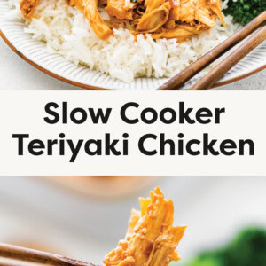 Top photo: "A plate of shredded teriyaki chicken served over white rice, garnished with sesame seeds and thinly sliced green onions, accompanied by steamed broccoli. The dish is presented on a white plate with a subtle textured rim, with a pair of wooden chopsticks resting on the side. A baking dish filled with more teriyaki chicken is visible in the background, along with a small bowl of sesame seeds. Bottom photo: Close-up shot of a piece of slow cooker teriyaki chicken held by chopsticks. The chicken is tender and shredded, coated in a glossy sauce with sesame seeds. In the blurred background, there’s a plate with more chicken, rice, and bright green broccoli, along with a dish of sesame seeds.