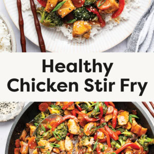 Top photo: A plate of chicken stir fry served over white rice, garnished with sesame seeds and sliced green onions. The dish contains vibrant vegetables, including red bell peppers, broccoli, carrots, mushrooms, and onions, coated in a glossy, flavorful sauce. A pair of wooden chopsticks rests on the side of the plate, and a striped cloth napkin is partially visible in the corner. The background includes another plate of the dish and a bowl of rice. Bottom photo: A vibrant and colorful chicken stir-fry in a black skillet, filled with bite-sized pieces of chicken, broccoli, red bell peppers, carrots, and mushrooms coated in a glossy savory sauce. The dish is garnished with sesame seeds and sliced green onions. A serving spoon is partially submerged in the stir-fry. Surrounding the skillet are a bowl of white rice, a small dish of sesame seeds, a plate with additional green onions, and a pair of brown chopsticks resting on a white plate. A black-and-white striped kitchen towel is placed nearby. The background is a clean, white surface.