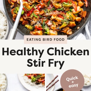 Top photo: A vibrant and colorful chicken stir-fry in a black skillet, filled with bite-sized pieces of chicken, broccoli, red bell peppers, carrots, and mushrooms coated in a glossy savory sauce. The dish is garnished with sesame seeds and sliced green onions. A serving spoon is partially submerged in the stir-fry. Surrounding the skillet are a bowl of white rice, a small dish of sesame seeds, a plate with additional green onions, and a pair of brown chopsticks resting on a white plate. A black-and-white striped kitchen towel is placed nearby. The background is a clean, white surface. Left bottom photo: A plate of chicken stir fry served over white rice, garnished with sesame seeds and sliced green onions. The dish contains vibrant vegetables, including red bell peppers, broccoli, carrots, mushrooms, and onions, coated in a glossy, flavorful sauce. A pair of wooden chopsticks rests on the side of the plate, and a striped cloth napkin is partially visible in the corner. The background includes another plate of the dish and a bowl of rice. Bottom right photo: A top-down view of a colorful chicken stir-fry in a black skillet, featuring bite-sized pieces of chicken, red bell peppers, broccoli, carrots, and mushrooms coated in a glossy savory sauce. The dish is garnished with white and black sesame seeds and sliced green onions. Surrounding the skillet are a bowl of white rice, a small dish of sesame seeds, a plate with extra green onions, and a white plate with a pair of brown chopsticks resting on it. A striped black-and-white kitchen towel is draped nearby, adding texture to the composition.