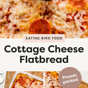Top photo: close-up of a hand using a pizza cutter with a wooden handle to slice a cottage cheese flatbread pizza. The pizza has a golden crust, melted cheese, marinara sauce, and pepperoni slices. The tray is lined with parchment paper and placed on a wooden cutting board. Bottom left photo: A freshly baked rectangular cottage cheese flatbread pizza in a parchment-lined baking tray. The crust is golden and topped with marinara sauce, melted cheese, and a few slices of pepperoni. The tray is placed on a wooden cutting board. Nearby, there is a small bowl of cottage cheese, a set of eggs in a carton, and a metal spatula, all on a light-colored textured surface. Bottom right photo: A rectangular cottage cheese flatbread pizza on a wooden cutting board, lined with parchment paper. The flatbread has a thin, golden brown crust with a layer of marinara sauce and melted cheese. One slice features a single pepperoni in the center. The cheese is bubbly and slightly browned, with an uneven spread of sauce visible beneath. The flatbread is cut into square pieces, with one slice slightly pulled out to reveal its crispy edges.