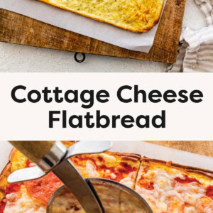 Top photo: A freshly baked cottage cheese flatbread with a golden brown surface. Bottom photo: A close-up of a hand using a pizza cutter with a wooden handle to slice a cottage cheese flatbread pizza.