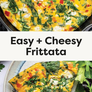 Top photo is a freshly baked frittata in a cast-iron skillet, filled with vibrant spinach, red bell peppers, caramelized onions, and creamy goat cheese. The golden egg base is speckled with melted cheese and topped with freshly chopped herbs for a flavorful finish. The skillet sits on a rustic surface, surrounded by ingredients like goat cheese and cracked black pepper, adding to the inviting presentation. Bottom photo is a close-up of a golden-brown frittata slice filled with vibrant spinach, red bell peppers, caramelized onions, and creamy goat cheese. The dish is garnished with freshly chopped herbs and served alongside a mixed green salad. A rustic fork rests on the plate, complementing the appetizing presentation.