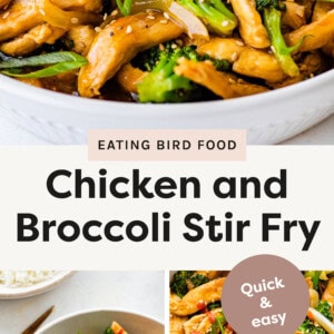 Top photo: This is a delicious-looking chicken and broccoli stir fry! It seems to have tender chicken pieces, vibrant broccoli, sliced onions, and green onions, all coated in a savory sauce with sesame seeds sprinkled on top. Bottom left photo: This is another delightful serving of chicken and broccoli stir fry, this time plated over a bed of white rice. The dish is garnished with sesame seeds and fresh green onions, adding a vibrant touch. Bottom right photo: A bowl of chicken and broccoli stir fry with tender slices of chicken, vibrant green broccoli florets, and thinly sliced onions, all coated in a glossy, savory sauce.