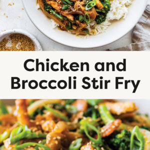 Top photo: A bowl of chicken and broccoli stir fry with tender slices of chicken, vibrant green broccoli florets, and thinly sliced onions, all coated in a glossy, savory sauce. The dish is garnished with sesame seeds, chopped green onions, and drizzled with a red chili sauce for added heat. A wooden spoon is partially submerged in the stir fry, and a bowl of white rice is visible in the background. The dish is served in a white bowl on a light-colored surface. Bottom photo: This is a delicious-looking chicken and broccoli stir fry! It seems to have tender chicken pieces, vibrant broccoli, sliced onions, and green onions, all coated in a savory sauce with sesame seeds sprinkled on top. It looks like a perfect dish to serve with rice.