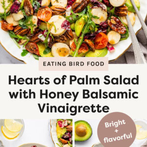 Top photo: A vibrant hearts of palm salad served in a white dish with gold trim. The salad includes sliced hearts of palm, avocado slices, roasted cherry tomatoes, arugula, radicchio, and candied pecans, all tossed in a honey balsamic vinaigrette. A spoon and fork rest on the dish, with a halved avocado and a glass of water with lemon wedges nearby on a marble countertop. Bottom right photo: A large white and gold-rimmed serving plate filled with a colorful Hearts of Palm Salad, featuring neatly arranged sections of sliced hearts of palm, creamy avocado slices, roasted cherry tomatoes, and candied pecans on a bed of baby arugula and radicchio. A halved avocado, a glass of sparkling water with lemon slices, and a small dish of salt and pepper are placed nearby. Two vintage silver serving utensils rest on the edge of the plate, ready for mixing. The vibrant ingredients contrast beautifully against the white marble background. Bottom left photo: A plated Hearts of Palm Salad with Honey Balsamic Vinaigrette, featuring sliced hearts of palm, baby arugula, radicchio, cherry tomatoes, avocado slices, and toasted pecans. The salad is drizzled with a balsamic vinaigrette dressing and garnished with cracked black pepper. A gold-rimmed white plate holds the colorful dish, with a fork resting on the side. In the background, additional plates of the salad and a glass of sparkling water with lemon slices are visible, creating a fresh and inviting presentation.