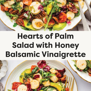 Top photo: A vibrant hearts of palm salad served in a white dish with gold trim. The salad includes sliced hearts of palm, avocado slices, roasted cherry tomatoes, arugula, radicchio, and candied pecans, all tossed in a honey balsamic vinaigrette. A spoon and fork rest on the dish, with a halved avocado and a glass of water with lemon wedges nearby on a marble countertop. Bottom photo: A plated Hearts of Palm Salad with Honey Balsamic Vinaigrette, featuring sliced hearts of palm, baby arugula, radicchio, cherry tomatoes, avocado slices, and toasted pecans. The salad is drizzled with a balsamic vinaigrette dressing and garnished with cracked black pepper. A gold-rimmed white plate holds the colorful dish, with a fork resting on the side. In the background, additional plates of the salad and a glass of sparkling water with lemon slices are visible, creating a fresh and inviting presentation.