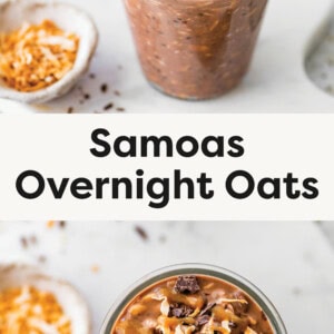 Top photo: The image shows two glasses filled with Samoas-inspired overnight oats, which have a rich chocolatey color. The oats are topped with chopped chocolate and toasted shredded coconut. The background includes a small dish of toasted coconut, a spoon, and a blurred dish of chocolate chips, giving a warm and inviting presentation. The oats appear creamy and textured, with visible chia seeds and coconut flakes mixed in. The overall aesthetic is fresh and appetizing, emphasizing the indulgent yet wholesome nature of the dish. Bottom photo: This image showcases a delicious serving of Samoas-inspired overnight oats, garnished with toasted coconut flakes, chocolate chunks, and a drizzle of caramel sauce. The creamy chocolatey base is speckled with visible oats, creating a rich and indulgent breakfast treat. The background features a white marble surface with scattered coconut shavings and chocolate pieces, enhancing the overall aesthetic of the dish. Let me know if you need an alt text description for accessibility or any other details!