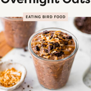 The image shows two glasses filled with Samoas-inspired overnight oats, which have a rich chocolatey color. The oats are topped with chopped chocolate and toasted shredded coconut. The background includes a small dish of toasted coconut, a spoon, and a blurred dish of chocolate chips, giving a warm and inviting presentation. The oats appear creamy and textured, with visible chia seeds and coconut flakes mixed in. The overall aesthetic is fresh and appetizing, emphasizing the indulgent yet wholesome nature of the dish.