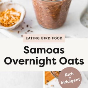 Top photo: The image shows two glasses filled with Samoas-inspired overnight oats, which have a rich chocolatey color. The oats are topped with chopped chocolate and toasted shredded coconut. The background includes a small dish of toasted coconut, a spoon, and a blurred dish of chocolate chips, giving a warm and inviting presentation. The oats appear creamy and textured, with visible chia seeds and coconut flakes mixed in. The overall aesthetic is fresh and appetizing, emphasizing the indulgent yet wholesome nature of the dish. Left photo: The image showcases two glasses filled with Samoas-inspired overnight oats, which have a rich, chocolatey texture. The oats are speckled with chia seeds and topped with chopped chocolate and toasted shredded coconut. They are placed on a white marble board with scattered bits of chocolate and coconut, adding a rustic and inviting touch. A spoon with a golden reflection and a small dish of additional toppings are visible in the foreground, enhancing the presentation. The background is blurred, keeping the focus on the creamy, indulgent oats. Right photo:This image showcases a delicious serving of Samoas-inspired overnight oats, garnished with toasted coconut flakes, chocolate chunks, and a drizzle of caramel sauce. The creamy chocolatey base is speckled with visible oats, creating a rich and indulgent breakfast treat. The background features a white marble surface with scattered coconut shavings and chocolate pieces, enhancing the overall aesthetic of the dish. Let me know if you need an alt text description for accessibility or any other details!