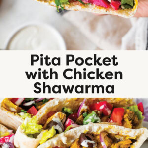 Top photo: This image shows a close-up of a hand holding a pita pocket filled with chicken shawarma, fresh vegetables, and a creamy sauce. The filling includes marinated grilled chicken, lettuce, tomatoes, red onions, pickled turnips, black olives, and a drizzle of tahini or garlic sauce inside soft, warm pita bread. In the background, there’s a glass of lemon water, a bowl of sauce, and a beige napkin, adding a fresh and inviting touch. Bottom photo: "A close-up shot of several pita pockets filled with golden, marinated chicken shawarma, fresh lettuce, diced tomatoes, pickled turnips, sliced black olives, and thinly sliced red onions. The filling is drizzled with a creamy white sauce and served in soft, warm pita bread. The dish is arranged in a white, wavy-edged plate, with a small bowl of extra pickled turnips visible in the foreground. A glass of lemon water is slightly blurred in the background, enhancing the fresh and appetizing presentation.