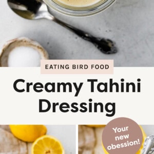 Top photo: This overhead image features a glass jar filled with smooth, creamy tahini dressing. The dressing has a rich, golden hue with a few small air bubbles on the surface, emphasizing its freshly made texture. Surrounding the jar are complementary elements: a vintage spoon, a rustic bowl of salt, a halved lemon, and a neutral-toned cloth, all placed on a light-colored surface for a natural and inviting presentation. Bottom left photo: This image showcases a close-up of creamy tahini dressing in a glass jar. A spoon is lifted above the jar, allowing the smooth, thick dressing to drizzle back down, highlighting its velvety texture. In the background, there’s a whole lemon and a lemon half, suggesting the fresh, zesty ingredients used in the dressing. The neutral-toned cloth and light surface add a natural and fresh aesthetic. Bottom right photo: This image shows a glass jar filled with creamy tahini dressing, accompanied by a vintage-style spoon. In the background, there's a whole lemon and a lemon half, hinting at the fresh, zesty flavor in the dressing. The scene is set on a marble surface with a neutral cloth, giving it a fresh and natural aesthetic.