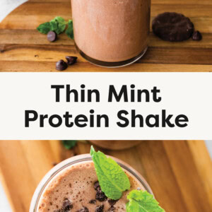 Top photo Thin Mint Protein Shake: A straight-on view of a tall glass filled with a creamy, chocolate mint protein shake. The shake is topped with crushed chocolate cookies and fresh mint leaves, with a green reusable straw. It sits on a wooden board, surrounded by scattered chocolate chips, whole thin mint cookies, and sprigs of mint. A soft beige cloth is draped in the background. Bottom photo Thin Mint Protein Shake: An overhead view of two chocolate mint protein shakes in glass jars, topped with crushed chocolate cookies and fresh mint leaves. The shakes have a smooth, frothy texture and are served with green reusable straws. They are placed on a wooden board, surrounded by chocolate chips, cookie crumbs, and whole thin mint cookies, with a soft beige cloth in the background.