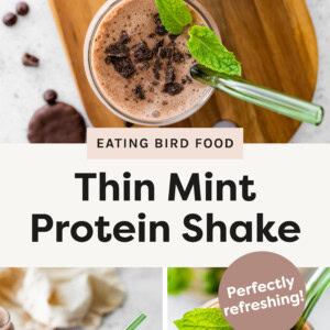Top photo Thin Mint Protein Shake: An overhead view of two chocolate mint protein shakes in glass jars, topped with crushed chocolate cookies and fresh mint leaves. The shakes have a smooth, frothy texture and are served with green reusable straws. They are placed on a wooden board, surrounded by chocolate chips, cookie crumbs, and whole thin mint cookies, with a soft beige cloth in the background. Bottom right photo Thin Mint Protein Shake: A straight-on view of a tall glass filled with a creamy, chocolate mint protein shake. The shake is topped with crushed chocolate cookies and fresh mint leaves, with a green reusable straw. It sits on a wooden board, surrounded by scattered chocolate chips, whole thin mint cookies, and sprigs of mint. A soft beige cloth is draped in the background. Bottom left photo Close-up of a Thin Mint Protein Shake in a glass, topped with crumbled chocolate cookies and fresh mint leaves. A green reusable straw leans into the shake. The glass sits on a neutral-toned saucer, with blurred elements of mint leaves and a chocolate cookie in the background, giving a fresh and indulgent feel.