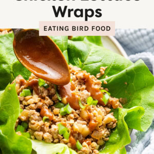 This image shows Asian Chicken Lettuce Wraps served on a plate. The wraps are made using fresh, crisp lettuce leaves filled with a flavorful mixture of ground chicken, water chestnuts, onions, and a savory sauce.