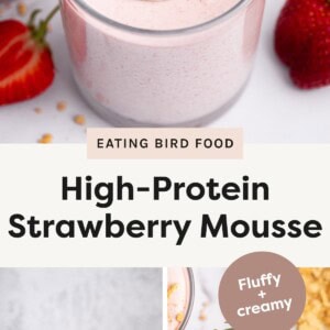 Top Image: Close-up of a glass filled with fluffy pink strawberry mousse, topped with a dollop of yogurt, crushed cookies, and a halved fresh strawberry. Bottom Left Image: Two glasses of strawberry mousse topped with yogurt and strawberry halves, placed next to fresh strawberries on a marble surface. Bottom Right Image: Overhead view of a glass of strawberry mousse with a spoonful scooped out, showing the creamy texture, topped with yogurt, crushed cookies, and a fresh strawberry half.