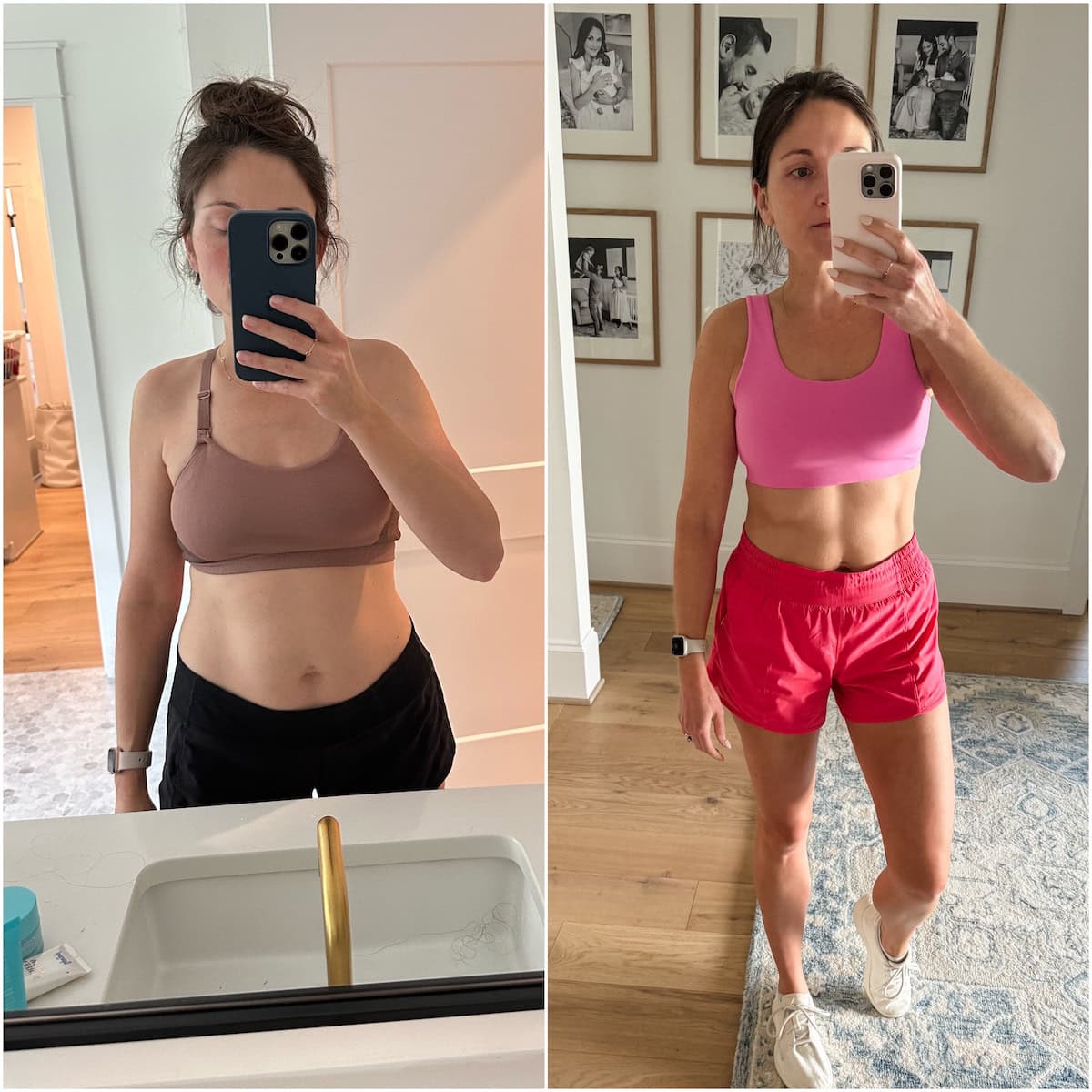 Brittany Mullins in workout gear showing before and after results from the Faster Way to Fat Loss program.