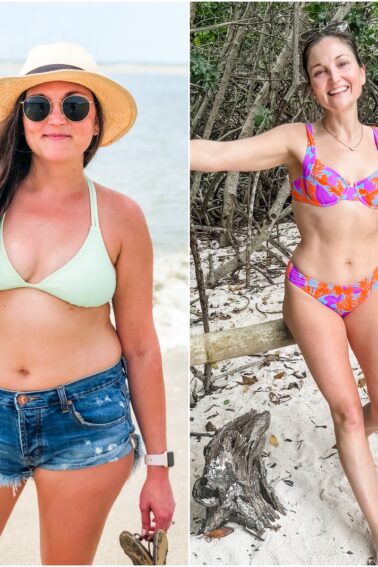 Brittany Mullins in a bathing suit showing before and after results from the Faster Way to Fat Loss.