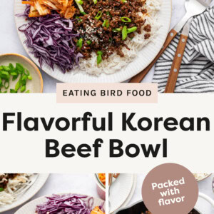 Top photo: A colorful Korean beef bowl served on a white plate. Bottom left photo: A Korean beef bowl served on a white plate, featuring white rice topped with seasoned ground beef, shredded purple cabbage, kimchi, julienned carrots, sliced green bell peppers, and a drizzle of creamy sauce. Right bottom photo: A skillet filled with cooked Korean-style ground beef, garnished with sliced green onions and sesame seeds.