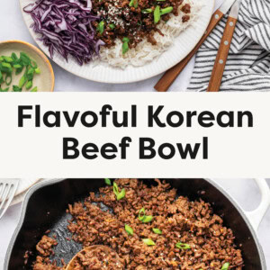 Top photo: A colorful Korean beef bowl served on a white plate. Bottom photo: A skillet filled with cooked Korean-style ground beef, garnished with sliced green onions and sesame seeds.
