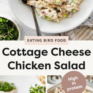 Top photo: Bowl of creamy cottage cheese chicken salad with celery and red onion, served with a spoon. Bottom left photo: Close-up of a cottage cheese chicken salad served on toasted bread, topped with fresh microgreens. Right bottom photo: Angled close-up of cottage cheese chicken salad with chopped celery and red onion in a ceramic bowl.