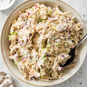 Cottage cheese chicken salad served in a cream bowl with a spoon. There is a small bowl with salt and pepper next to it.